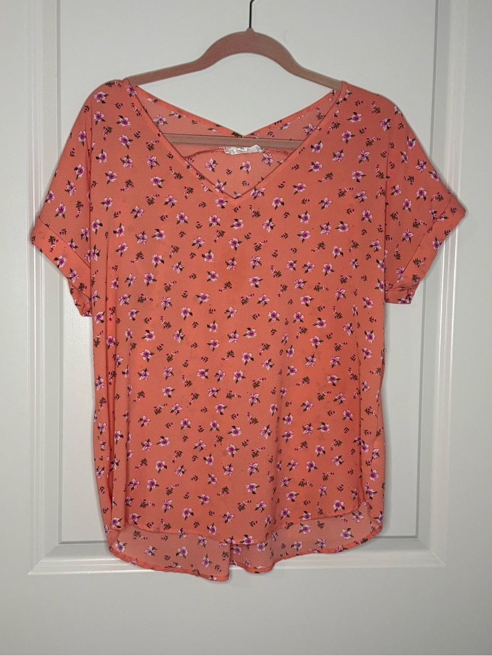 Pink Rose Coral Floral V-Neck Short Sleeve Top